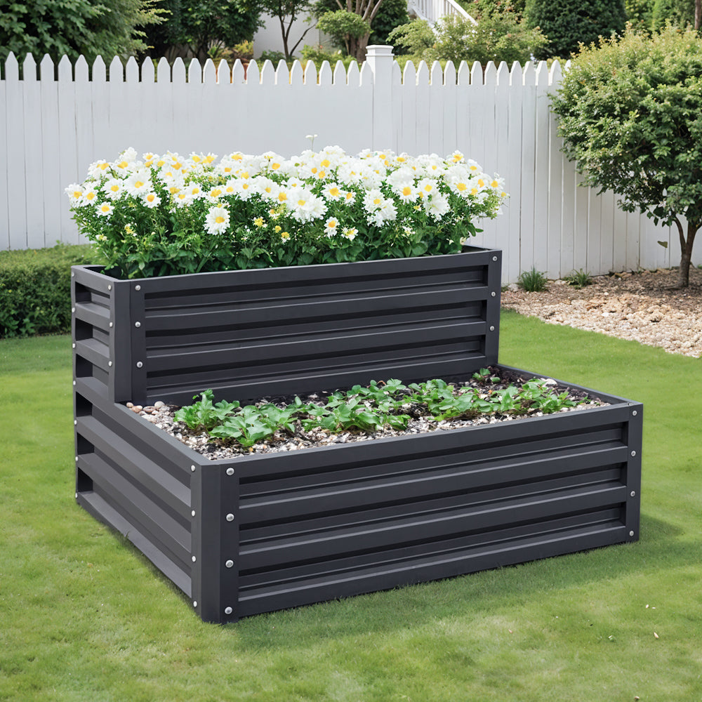 Outdoor Double-Layer Rectangular Metal Raised Garden Bed - Sturdy and spacious for growing plants